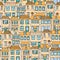 Hand drawn European city houses seamless pattern. Cute cartoon style vector illustration. Colorful Modern townhouse building sketc