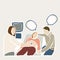 Hand Drawn Expectant Couple at Prenatal Appointment with Speech Bubble. Concept Health Care Medical Baby Check Up. Cut Out Icon