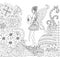 Hand drawn fairy walking in the flowers land for coloring book for adult
