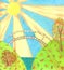 Hand drawn fairytale autumn landscape, dreamy sunrise or sunset in forest with bridge