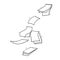 Hand drawn Falling paper sheets. Flying papers pages, white sheet documents and blank document page on wind. Fly scattered notes,