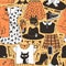 Hand drawn fashion background. Creative ink art work. Actual vector seamless pattern. Halloween set: leather jacket, skirt, hat, b