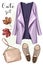 Hand drawn fashion clothes set: coat, bag, shoes. Stylish clothing outfit. Sketch.
