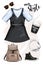 Hand drawn fashion clothing set with backpack, dress coffee cup, sunglasses, shoe and headphones. Stylish outfit.