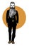 Hand drawn fashion illustration of hipster in a black suit. City Style, Hipster Look. Vector Illustration of bearded man