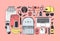 Hand drawn Fashion Illustration What is in my bag. Vector picture casual objects on pink background. Artistic doddle drawing.