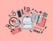 Hand drawn Fashion Illustration What is in my bag. Vector picture casual objects on pink background. Artistic doddle drawing.