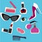 Hand drawn fashion set. Collection of cosmetics: Nail polish, mascara, lipstick,