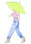 Hand drawn fashion sketch girl with umbrella. Woman with an umbrella steps on a white background. Fashion african american girl in