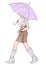 Hand drawn fashion sketch girl with umbrella. Woman with an umbrella steps on a white background. Girl in a skirt and rubber boots