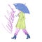 Hand drawn fashion sketch girl with umbrella. Woman wearing coat and steps on a white background. Lookbook text on background.