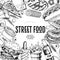 Hand drawn fast food banner. Street food bakery. Burger, hot dog, french fries, pizza, coffee, soda, bagel, donut