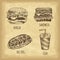 Hand drawn fast food set. Burger. Cola. Hot dog. Sandwich. Retro style. Vector illustration.