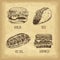 Hand drawn fast food set. Burger. Taco. Hot dog. Sandwich. Retro style. Vector illustration.
