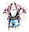 Hand drawn female body. Fashion outfit. Stylish woman look with shorts, shirt, jacket and accessories. Sketch.