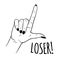 Hand drawn female hand in L for LOSER gesture. Flash tattoo, sticker, patch or print design vector illustration.