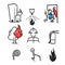 hand drawn Fire and firefighting related icon set in doodle style