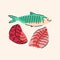 Hand drawn fish: tuna, fillet, herring color element. Cartoon unprocessed food.