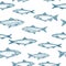 Hand Drawn Fish Vector Seamless Background Pattern. Anchovy, Herrings, and Salmons Sketches Card or Cover Template in