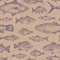 Hand Drawn Fish Vector Seamless Background Pattern. Craft Cardboard Paper Texture. Anchovy, Herrings, Tuna, Dorado
