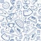 Hand drawn fitness doodle seamless pattern. Outlines on squared