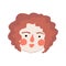 Hand drawn flat vector young woman head, Female with red short curly hair cartoon portrait. European Woman face illustration.
