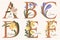 Hand Drawn floral alphabet with spring flowers.Letters A, B, C, D, E, F with flowers azalea, bluebell,crocus,daffodil,forsythia,