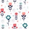 Hand drawn floral elements seamless pattern. Different flowers and herbs in Scandinavian style. Blooming summer meadow