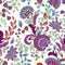 Hand drawn flower seamless pattern. Colorful seamless pattern with pargeting grunge whimsical flowers, paisley
