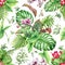 Hand drawn flowers and leaves of tropical plants. Seamless floral pattern made with watercolor green exotic foliage, pink orchid