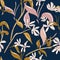 Hand-drawn flowers and plants background. Boanical sketch. Vector flower decoration in navy, pink colors. Conntrast dynamic