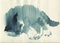 Hand drawn fluffy slipping kitten portrait. Watercolor grey cat n vintage style
