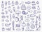 Hand drawn food, vegetables, drinks, snacks, fast food doodle vector icons