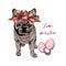 Hand drawn french bulldog dog wearing a tulip crown. Vector engraved quarantine poster. Ejoy spring, stay at home. Covid