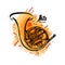 Hand drawn French horn. Jazz music concept. Ink style vector illustration with orange watercolor stain on white