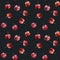 Hand drawn fresh red funky hipster summer cherry fruit on black dark background seamless pattern illustration background