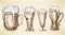 Hand drawn full beer glasses with dropping froth. beer mugs illustration in vintage style isolated on grunge background. various