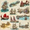 An hand drawn full sized collection, pack of Boats and Ships. Is