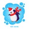 Hand drawn funny dancing penguin in red santa hat