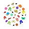 Hand Drawn Funny Doodle Insects arranged in a shape of circle. Colorful and Cute caterpillars, worms, butterflies, bees, ants