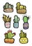 Hand drawn funny flat colorful cactuses in decorative pots isolated, set.