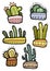 Hand drawn funny flat colorful cactuses in decorative pots isolated, succulents set.