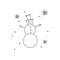 Hand drawn funny kind snowman, snow and snowflakes around. Vector illustration for design of holiday cards.