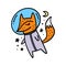 Hand drawn funny nursery astronaut fox in space. Isolated object on white background. Line contour colored doodle