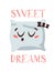 Hand Drawn Funny Pillow Emoji and text SWEET DREAMS. Cartoon Character Sleeping Element Emoticon. Facial Expression Vector
