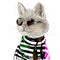 Hand-drawn funny stylized fashion illustration of an American Shorthair fashionista cat in a trendy outfit