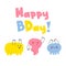 Hand-drawn funny tiny doodles-monsters with thin handles. Birthday greeting card. Funny smiling emoticons on their faces.