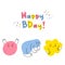 Hand-drawn funny tiny doodles-monsters with thin handles. Birthday greeting card. Funny smiling emoticons on their faces.