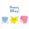 Hand-drawn funny tiny doodles-monsters with thin handles. Birthday greeting card. Funny smiling emoticons on their faces.