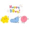 Hand-drawn funny tiny doodles-monsters with thin handles. Birthday greeting card. Funny smiling emoticons on their faces.